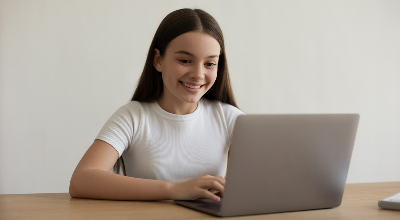 Teenage girl smiling during telehealth counseling session