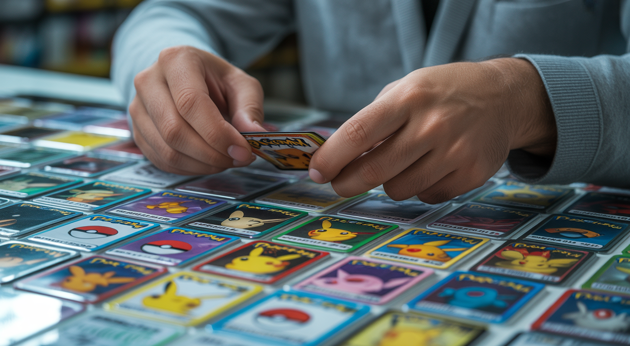 A person's hands meticulously examining several Pokémon trading cards to check for authenticity against a clean white background.