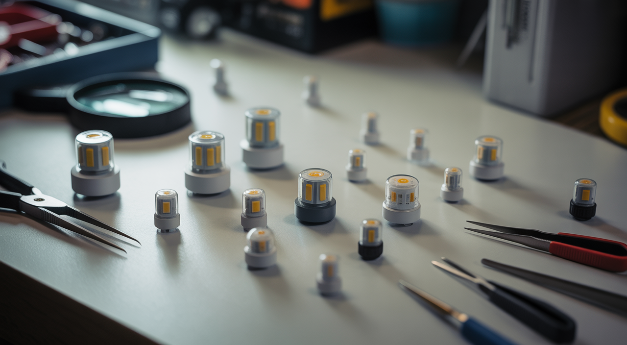 Close-up of various small LED light bulbs for hobbies, with miniature tools, showcasing their compact size and versatility for craft projects