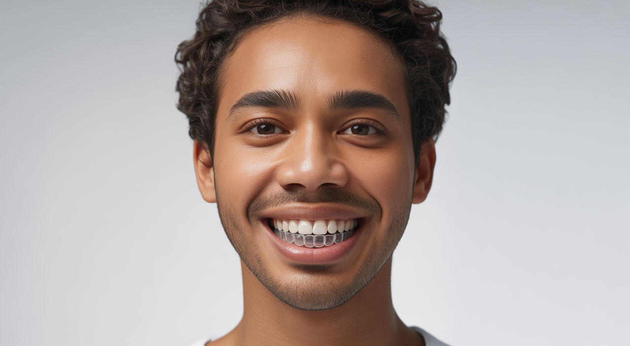 Confident person smiling with clear aligners, representing a successful smile transformation.