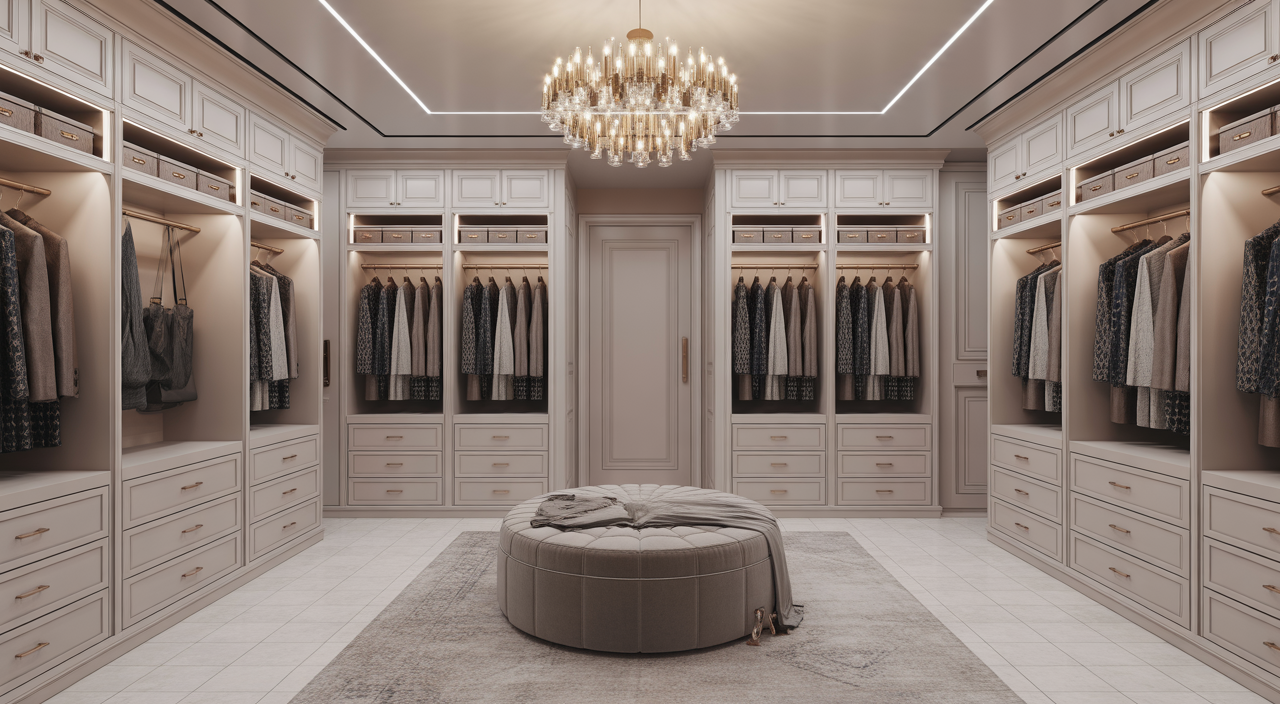 Luxurious modern fitted dressing room interior with custom cabinetry and elegant lighting