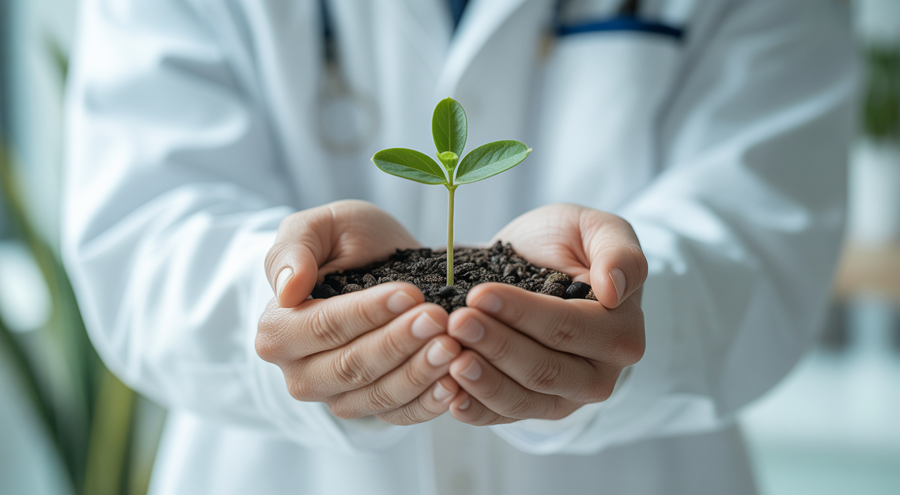 A close-up professional photograph of hands holding a plant sprout, symbolizing new life and hope in a sterile medical setting.