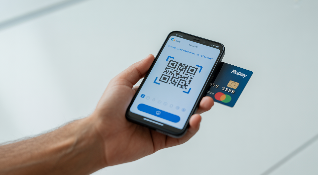 Hand holding a smartphone scanning a QR code with a credit card nearby, symbolizing UPI credit card payments