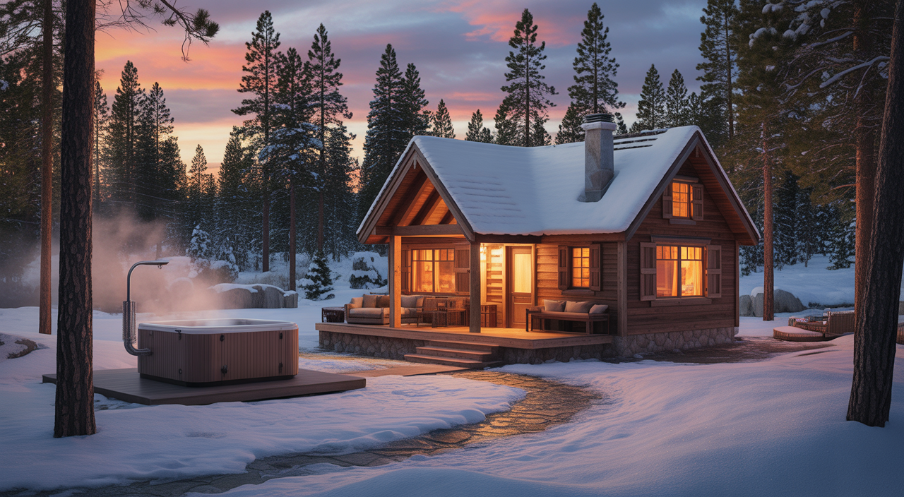 Romantic Big Bear Lake cabin at sunset with snow, hot tub, and cozy lighting