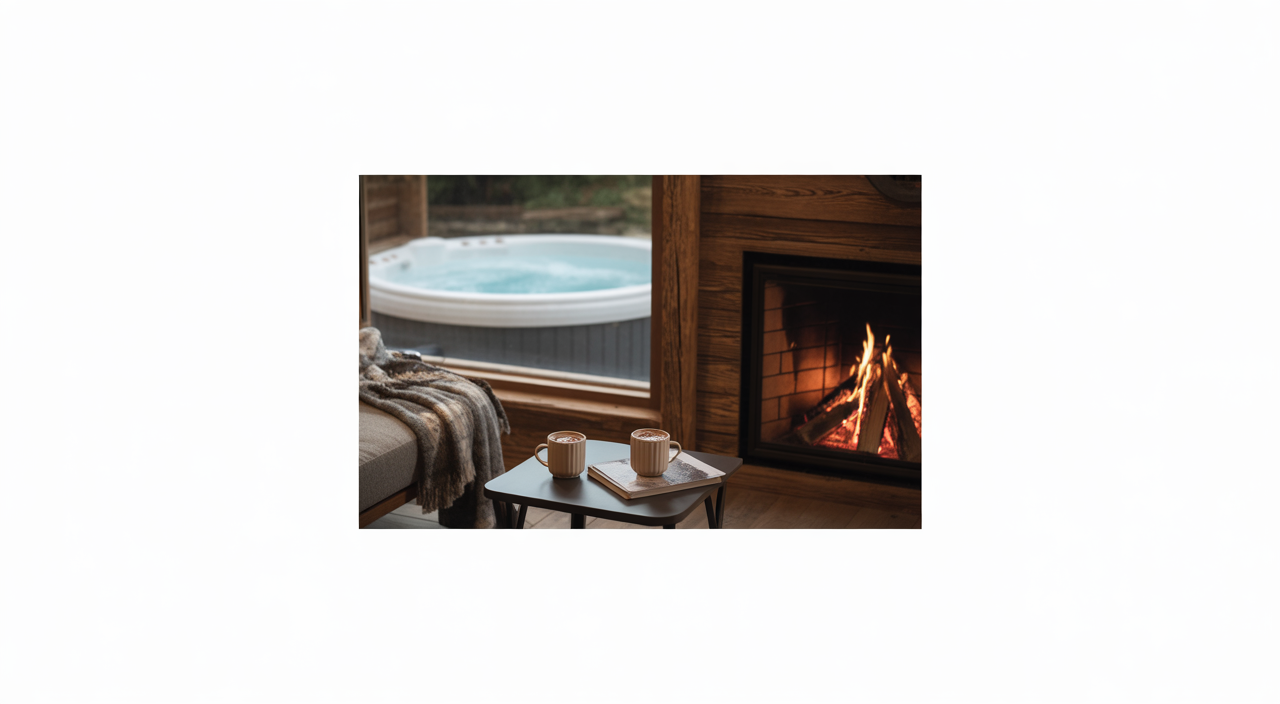 Cozy fireplace in a romantic Big Bear Lake cabin with snow view