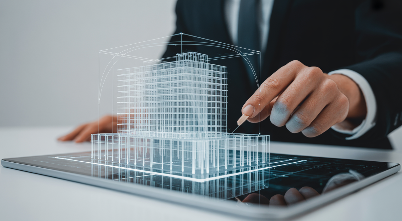 Architect using advanced engineering design verification tools to check a building's digital blueprint for flaws before construction, ensuring accuracy and safety.