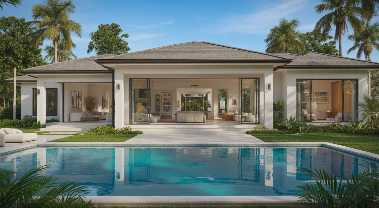 Modern Florida home with large sliding glass doors, lanai, and swimming pool, showcasing indoor-outdoor living.