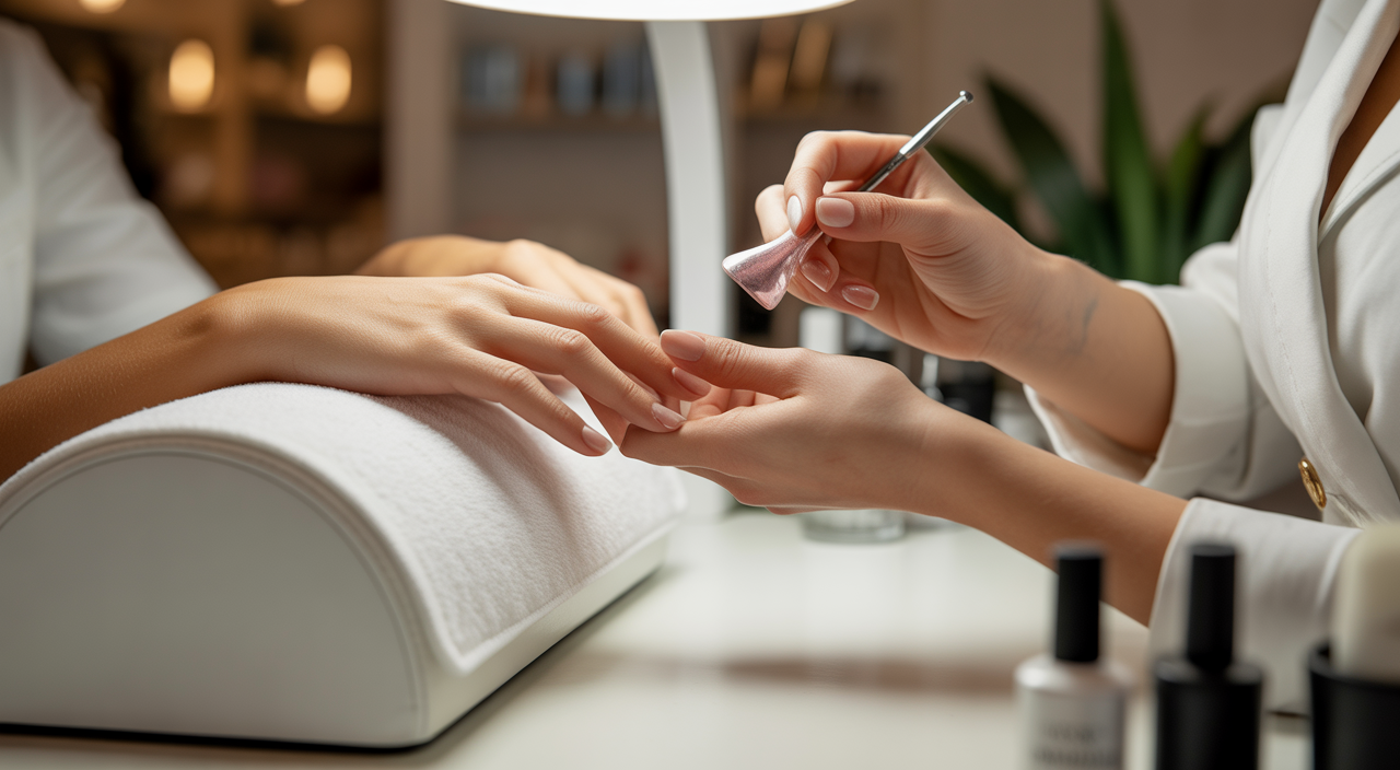 Close-up of hands getting a manicure in a modern, luxurious nail salon, emphasizing a relaxing and clean environment.
