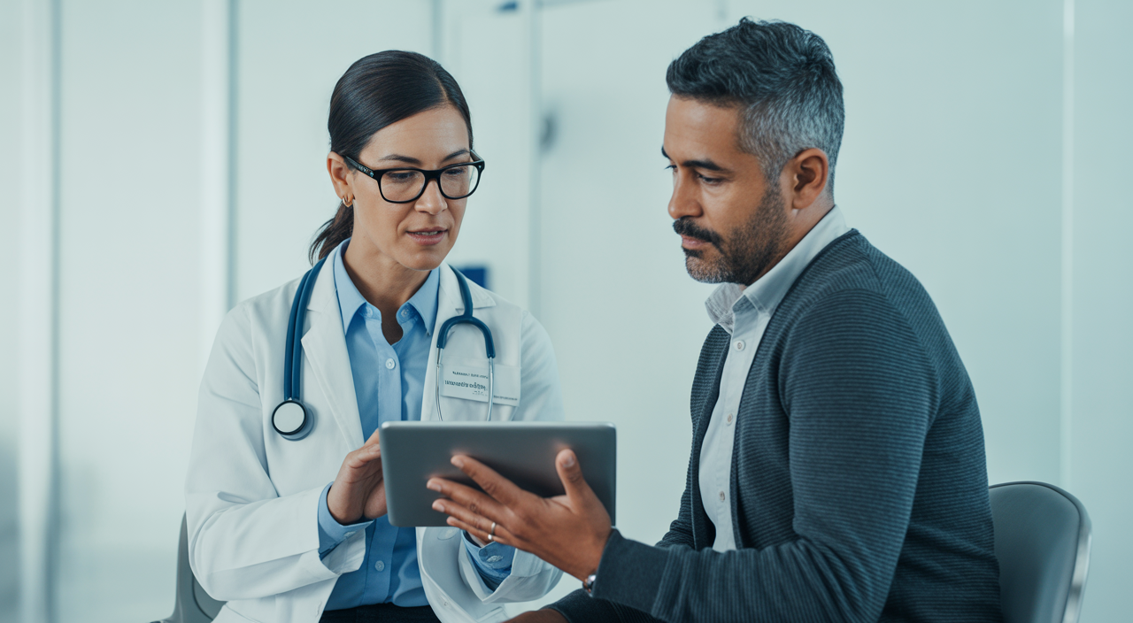A female doctor and male patient discuss a personalized medical weight loss plan in a bright, modern clinic.