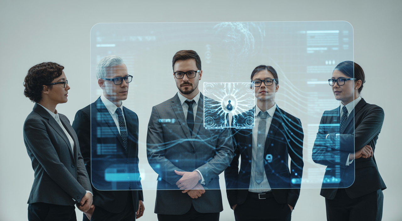 A team of business professionals collaborating in a modern office, with abstract digital security elements overlaid on a transparent screen, representing cybersecurity consulting in Canada.