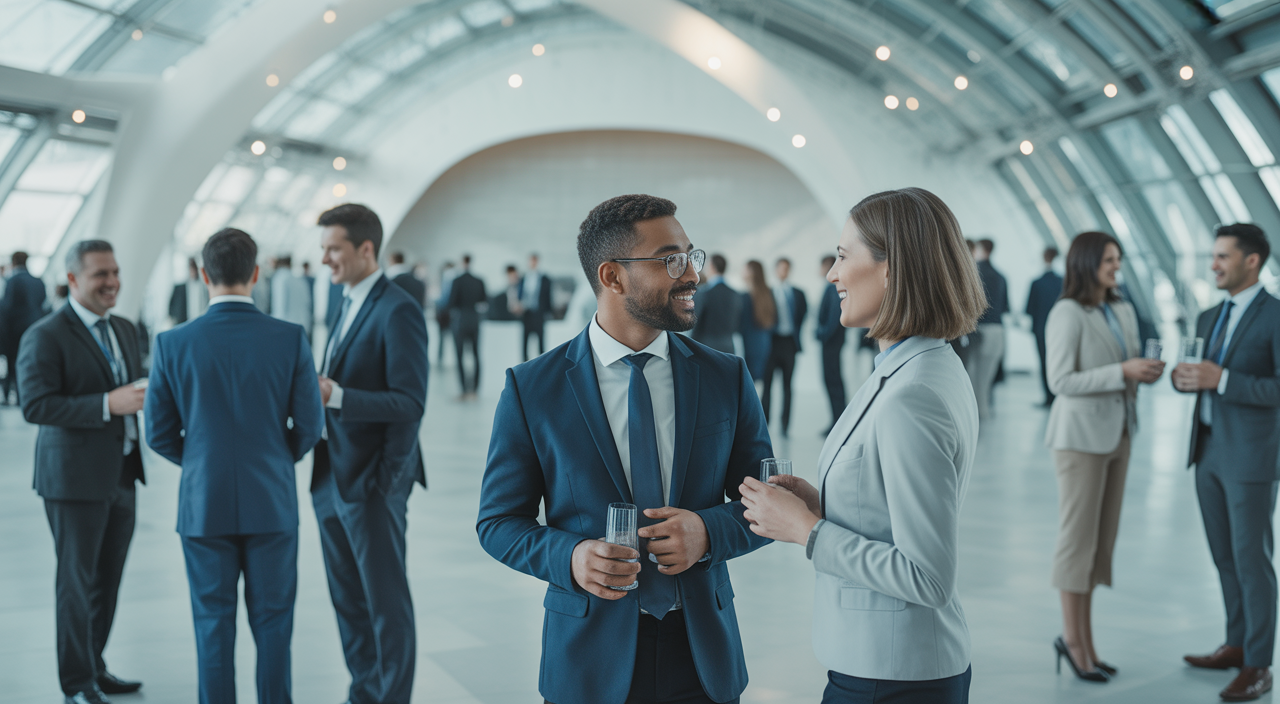 Diverse business professionals networking at a sophisticated corporate event, representing successful company event management.