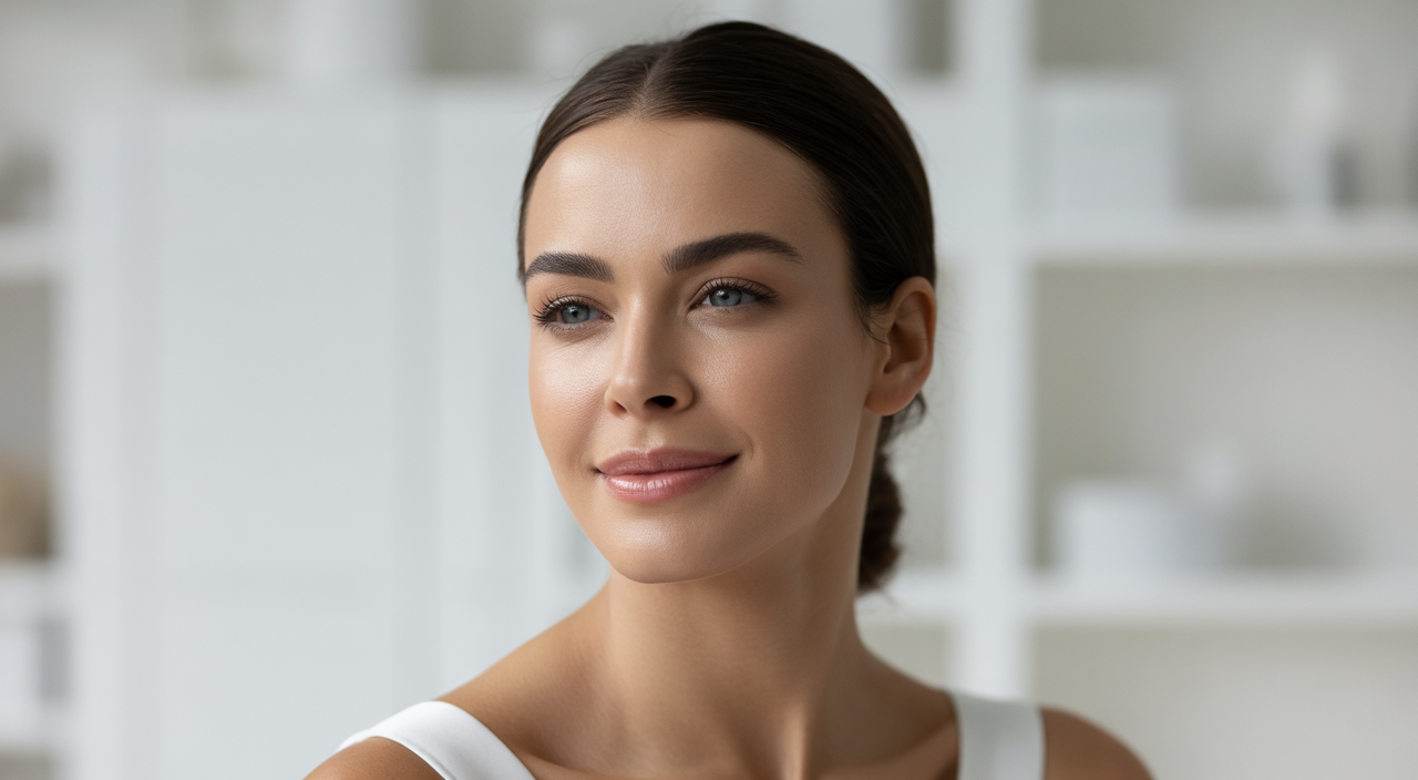 Confident woman with radiant, rejuvenated skin after aesthetic treatments, subtle and natural results, wide shot.