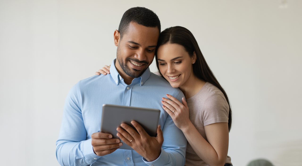 Diverse couple reviewing IVF financial documents on a tablet, symbolizing family planning and hopeful investment in fertility treatment