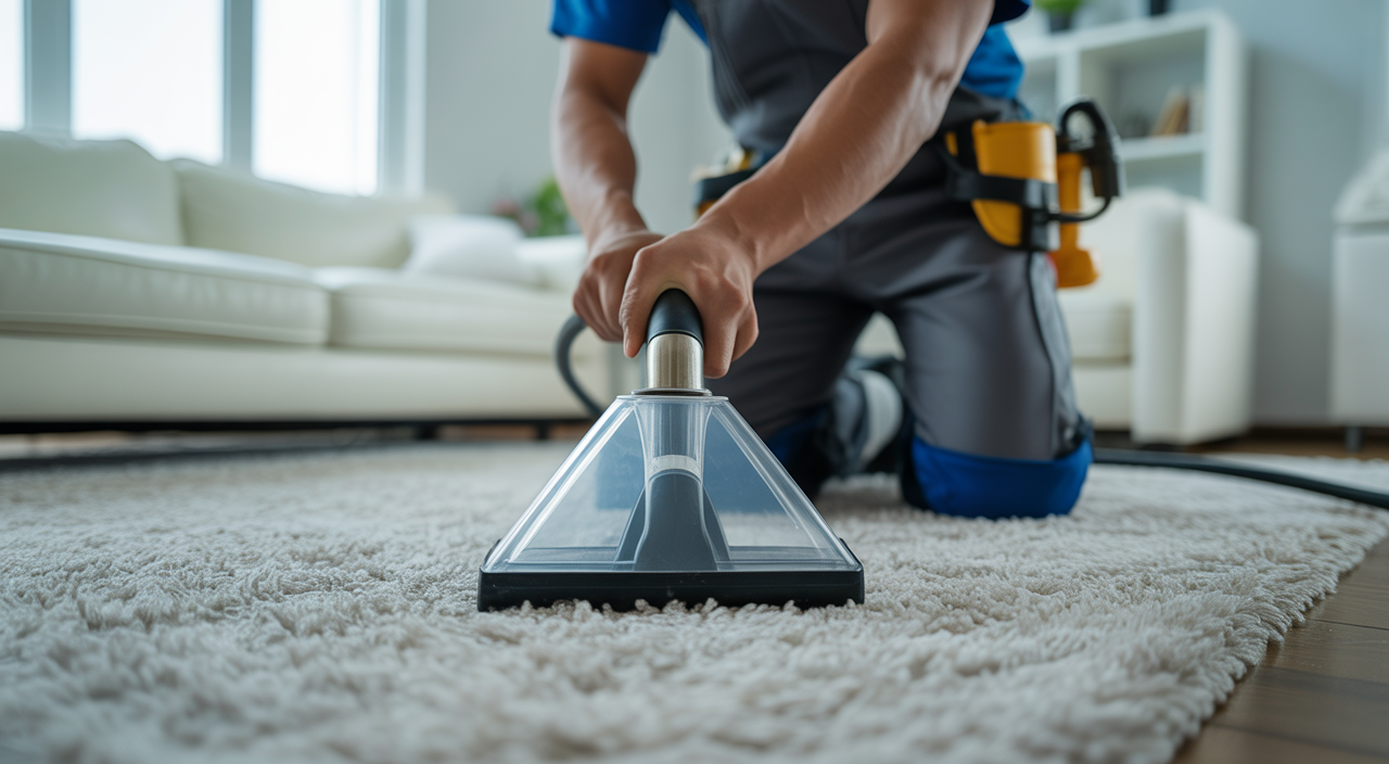 High-quality professional photograph of a carpet cleaning technician working with modern equipment on a plush carpet, clean white background