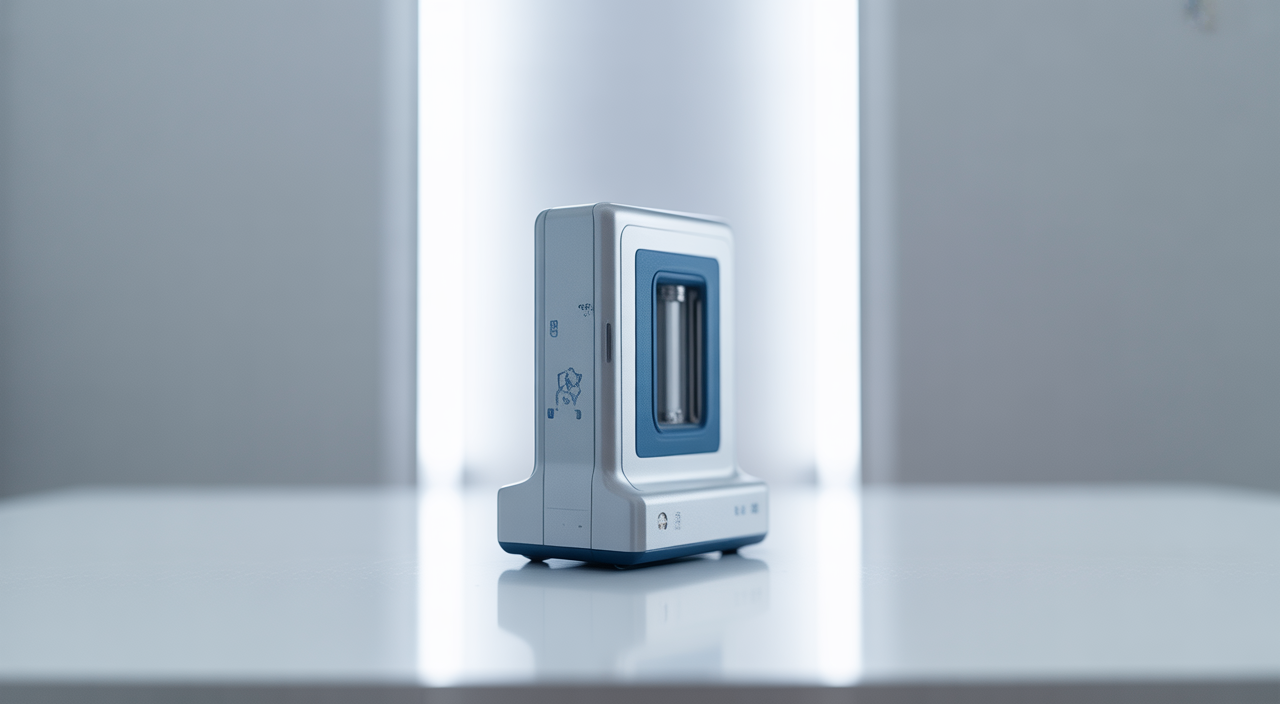 Photorealistic image of a modern medical device on a white clean surface representing medical device certification process