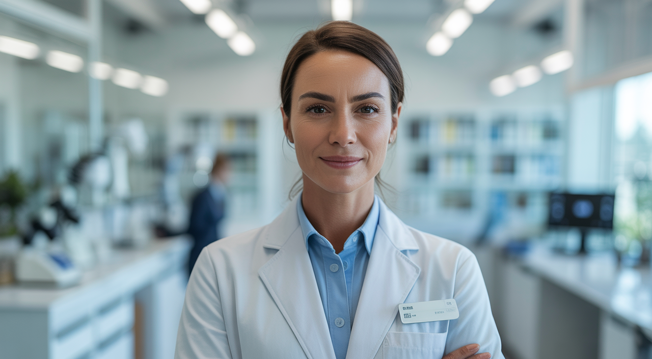 Photorealistic image of a confident female fertility specialist in a modern San Diego fertility center with advanced lab equipment, white background
