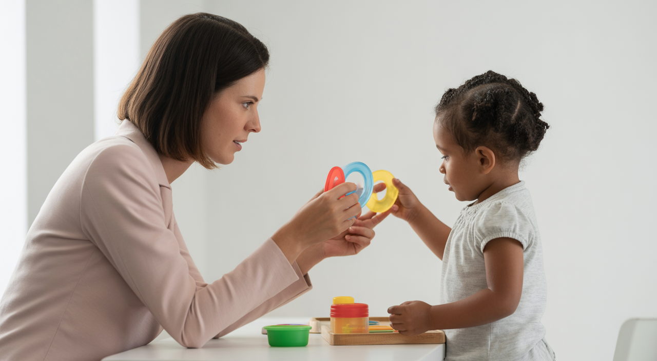 RBT therapist supporting a child during an ABA therapy session in Muscatine, Iowa