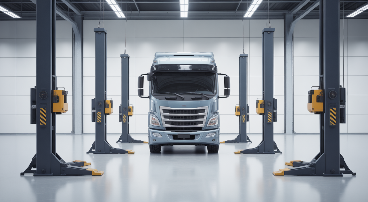 Set of mobile column lifts symmetrically positioned around a heavy commercial truck in a modern workshop, showing lifting carriages and safety interlocks on a neutral background