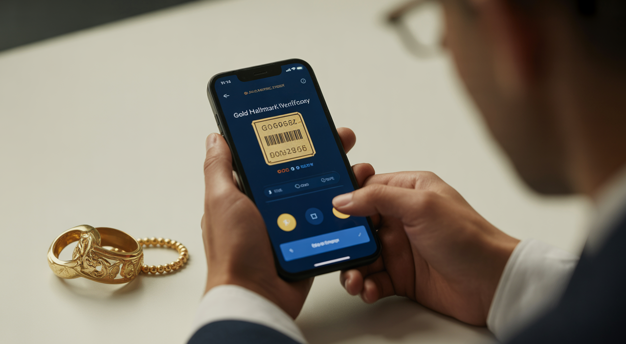 Person verifying gold hallmark online using smartphone with gold jewellery on a white background