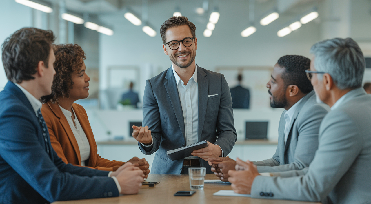 Photorealistic image of an independent insurance agent meeting with clients in a modern office, representing personalized insurance services in the Midwest