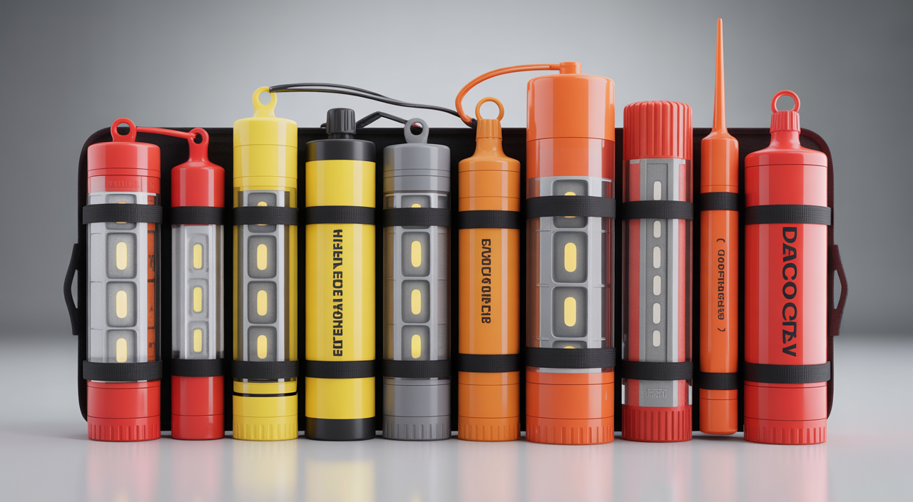 High-quality professional photograph of a portable emergency flare kit with multiple types of portable flares on a clean white background