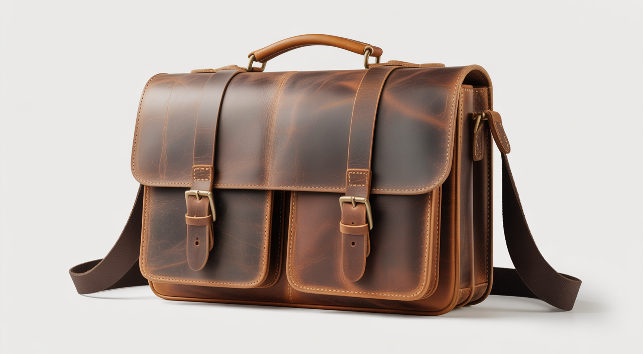 mens vintage leather messenger bag on a wooden table