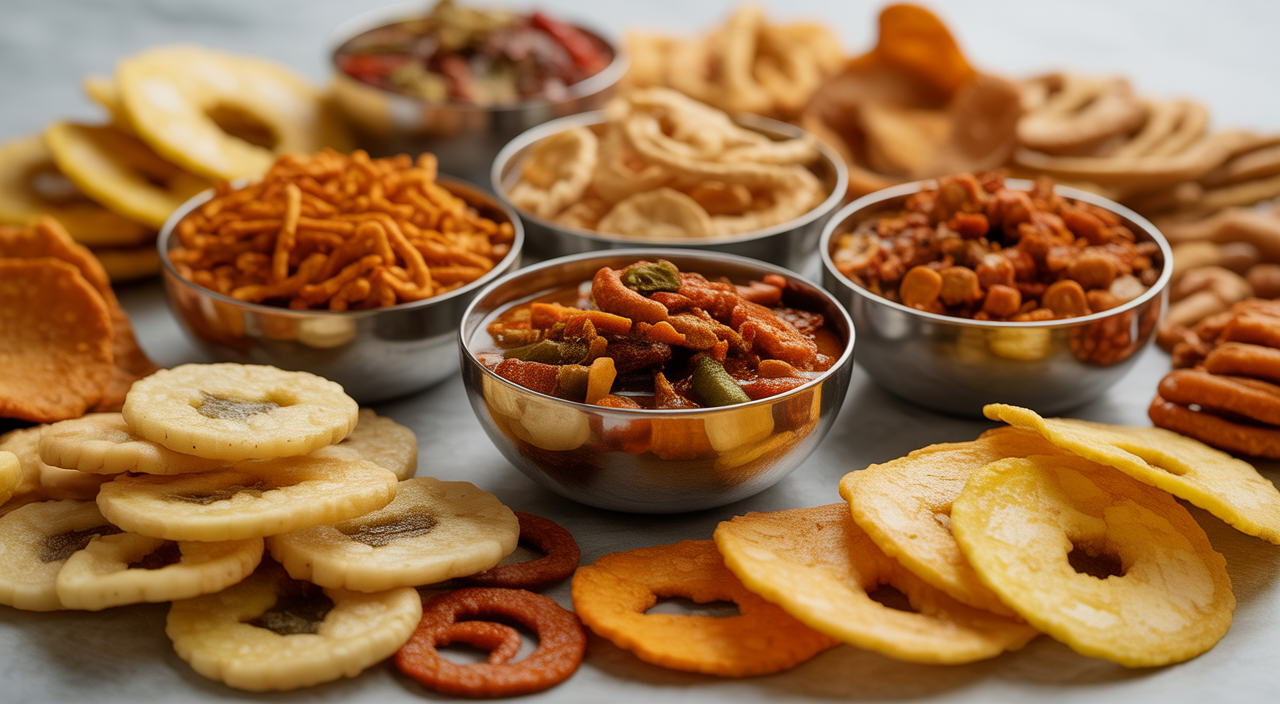 Assorted traditional Telugu snacks such as banana chips, murukku, and spicy mixtures displayed on white background symbolizing healthy clean eating