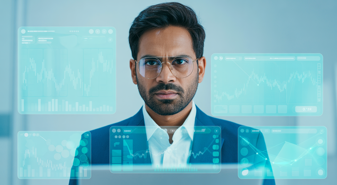 Photorealistic image of an Indian crypto investor analyzing digital trading data on transparent screens, representing exchange rank relevance in India