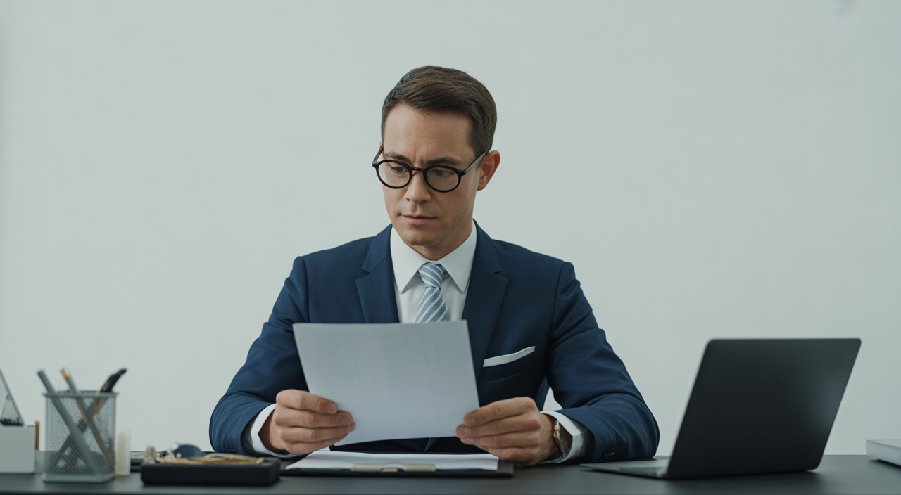 Photorealistic image of a confident securities fraud lawyer reviewing investment documents in a professional modern office setting on a clean white background