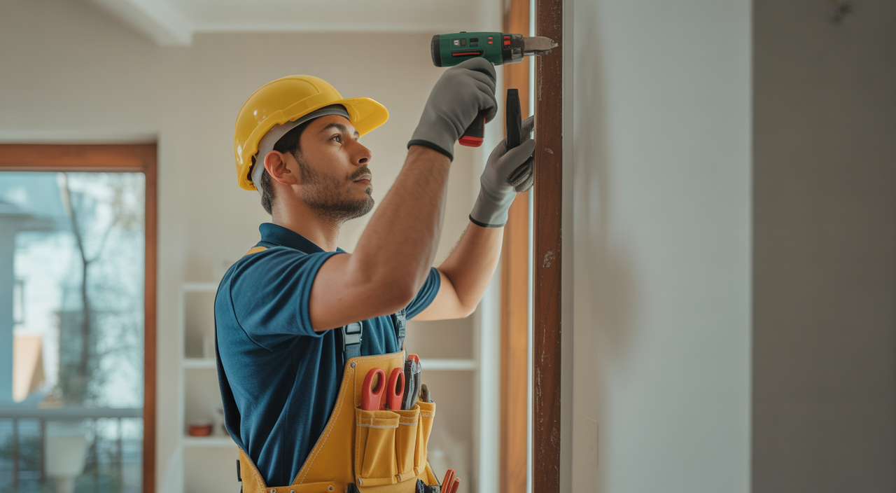 Photorealistic image of a professional handyman repairing a home interior with modern tools against a clean white background